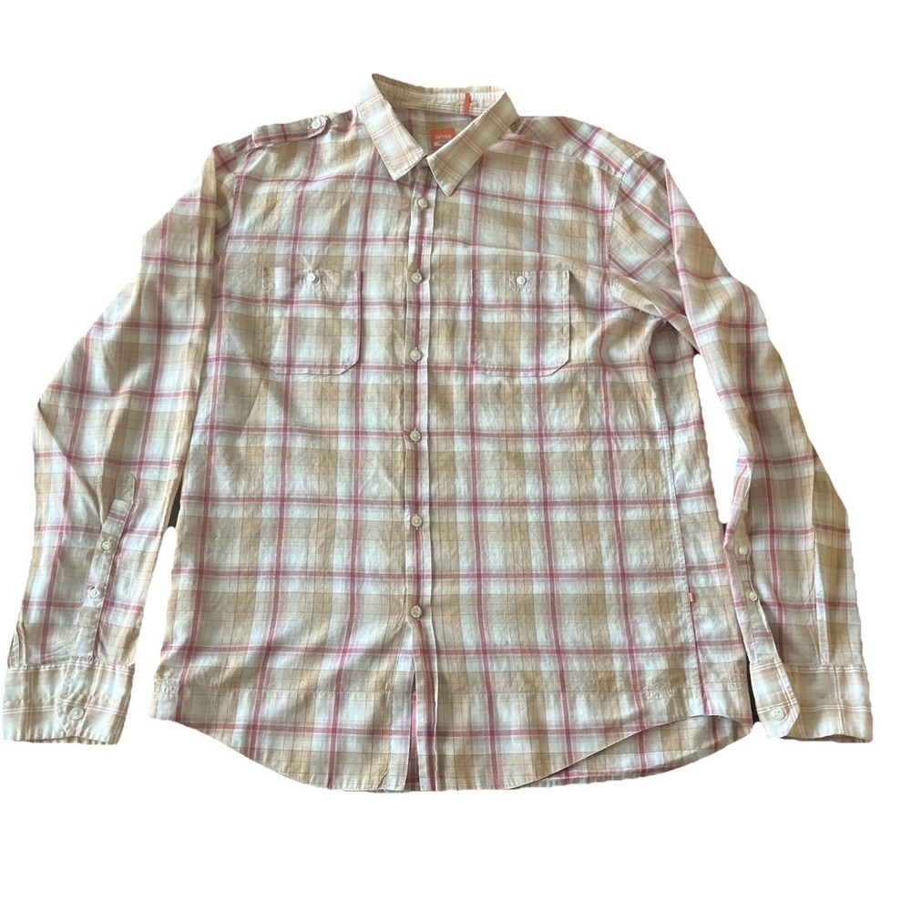 Hugo Boss Shirt Men XL Button Up Short Sleeve Colorful Orange Red Plaid Hole